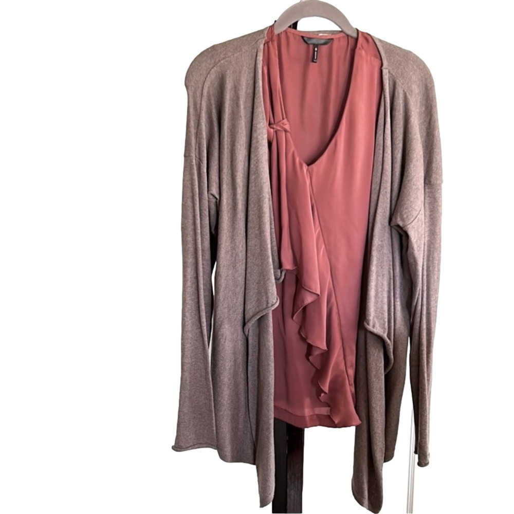 Draped Cardigan Taupe Tan Open Front Long Sleeve Roll Hem Large
